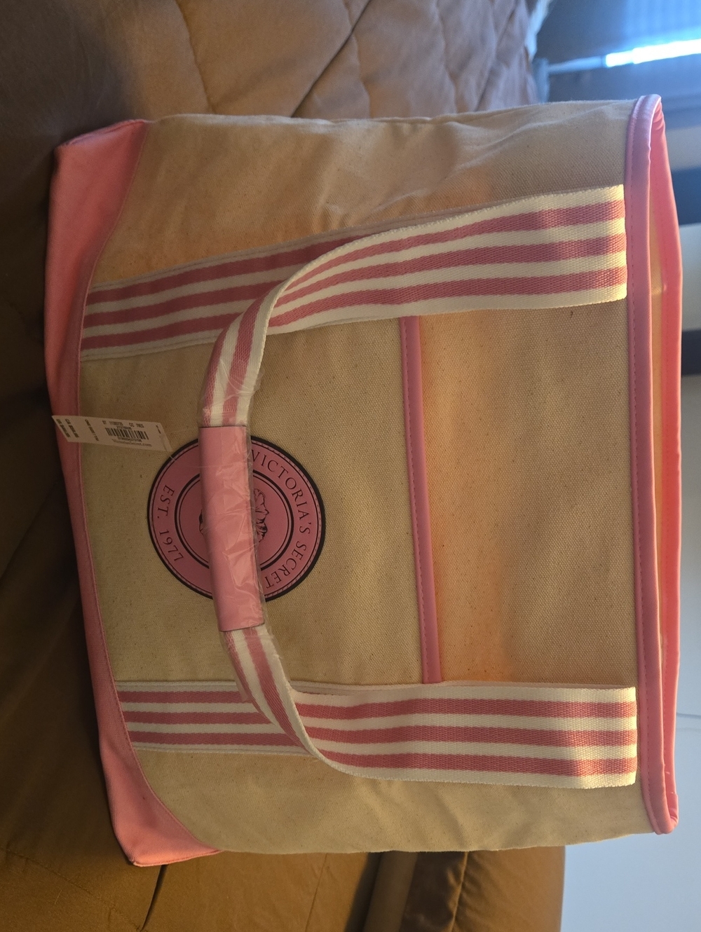 Victoria's Secret Beige Canvas Tote with Pink Trim and Striped Handles & Zipper